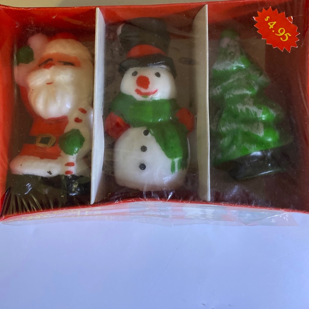 Never used Vintage ARTMARK Hand Painted Wax Christmas Candles Santa Snowman Tree